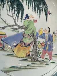 A Chinese famille rose 'Wine Drinking Sage and Attendant' dish, Yongzheng