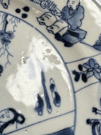 Seven Chinese blue and white plates with figural and floral design, 18/19th C.