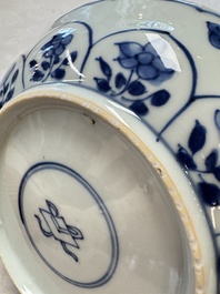 Seven Chinese blue and white plates with figural and floral design, 18/19th C.