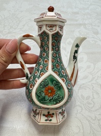 A Chinese famille verte rosewater sprinkler, a wucai jar and a Samson Paris verte-style covered ewer, 17/19th C.