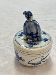 A rare Japanese blue and white 'Pipe Smoker' incense burner and cover, Edo, 17th C.