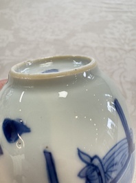A silver-mounted Chinese blue and white tea caddy and cover, artemisia leaf mark, Kangxi