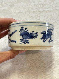 A rare Japanese blue and white 'Pipe Smoker' incense burner and cover, Edo, 17th C.