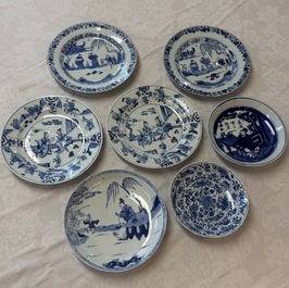 Seven Chinese blue and white plates with figural and floral design, 18/19th C.
