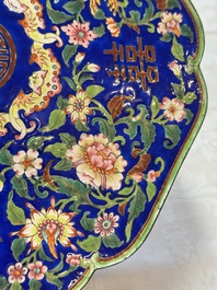 A fine Chinese Canton enamel blue-ground 'Double Happiness 囍' box and cover, Qianlong