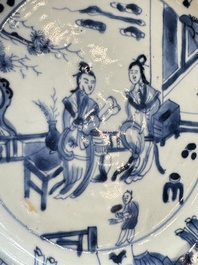 Seven Chinese blue and white plates with figural and floral design, 18/19th C.