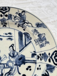Seven Chinese blue and white plates with figural and floral design, 18/19th C.