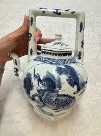 A Chinese blue and white 'Mythical Beasts' wine pot and cover, Transitional period