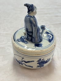 A rare Japanese blue and white 'Pipe Smoker' incense burner and cover, Edo, 17th C.