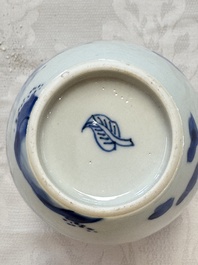 A Chinese blue and white 'Elegant Beauties' tea caddy and cover, artemisia leaf mark, Kangxi
