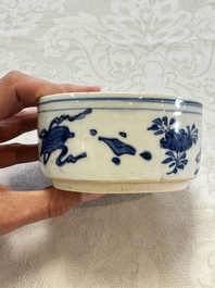 A rare Japanese blue and white 'Pipe Smoker' incense burner and cover, Edo, 17th C.