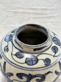 A Chinese Nanking water pot, a blue and white brush pot, a jarlet and a trick cup, Ming and later