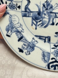 Seven Chinese blue and white plates with figural and floral design, 18/19th C.