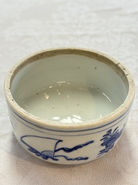 A rare Japanese blue and white 'Pipe Smoker' incense burner and cover, Edo, 17th C.