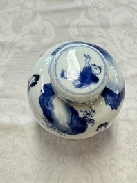 A Chinese blue and white 'Elegant Beauties' tea caddy and cover, artemisia leaf mark, Kangxi