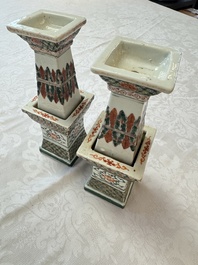 A pair of Chinese famille verte square candle holders, 19th C.