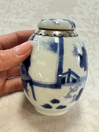 A silver-mounted Chinese blue and white tea caddy and cover, artemisia leaf mark, Kangxi