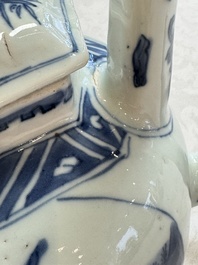 A Chinese blue and white 'Mythical Beasts' wine pot and cover, Transitional period