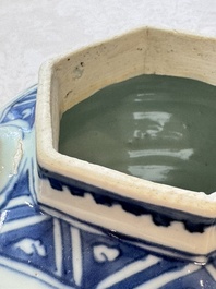 A Chinese blue and white 'Mythical Beasts' wine pot and cover, Transitional period