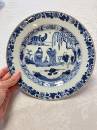 Seven Chinese blue and white plates with figural and floral design, 18/19th C.