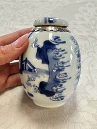 A silver-mounted Chinese blue and white tea caddy and cover, artemisia leaf mark, Kangxi