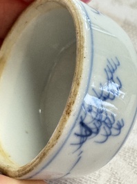 A Chinese blue and white 'Elegant Beauties' tea caddy and cover, artemisia leaf mark, Kangxi