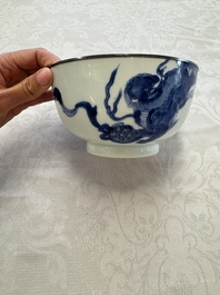 A Chinese blue and white 'Bleu de Hue' bowl with mythical beasts, Nguyen 阮 mark, 19th C.