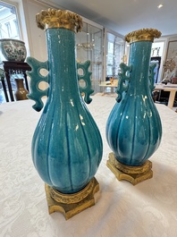 A pair of gilt-bronze-mounted Chinese turquoise-glazed vases, 19th C.