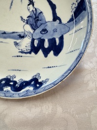 Seven Chinese blue and white plates with figural and floral design, 18/19th C.