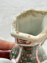 A Chinese famille verte rosewater sprinkler, a wucai jar and a Samson Paris verte-style covered ewer, 17/19th C.