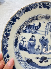 Seven Chinese blue and white plates with figural and floral design, 18/19th C.