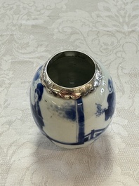 A silver-mounted Chinese blue and white tea caddy and cover, artemisia leaf mark, Kangxi