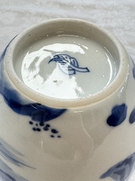 A Chinese blue and white 'Elegant Beauties' tea caddy and cover, artemisia leaf mark, Kangxi