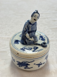 A rare Japanese blue and white 'Pipe Smoker' incense burner and cover, Edo, 17th C.