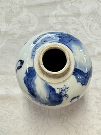A Chinese blue and white 'Elegant Beauties' tea caddy and cover, artemisia leaf mark, Kangxi