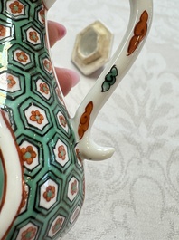 A Chinese famille verte rosewater sprinkler, a wucai jar and a Samson Paris verte-style covered ewer, 17/19th C.