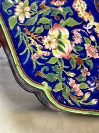 A fine Chinese Canton enamel blue-ground 'Double Happiness 囍' box and cover, Qianlong