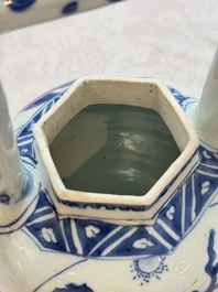 A Chinese blue and white 'Mythical Beasts' wine pot and cover, Transitional period