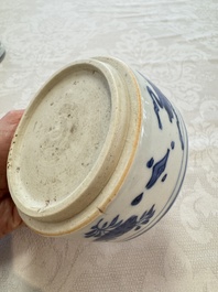 A rare Japanese blue and white 'Pipe Smoker' incense burner and cover, Edo, 17th C.