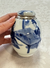 A silver-mounted Chinese blue and white tea caddy and cover, artemisia leaf mark, Kangxi