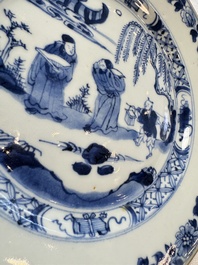 Seven Chinese blue and white plates with figural and floral design, 18/19th C.