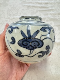 A Chinese Nanking water pot, a blue and white brush pot, a jarlet and a trick cup, Ming and later