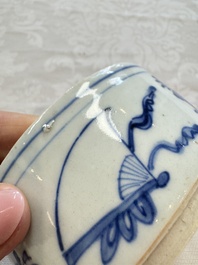 A rare Japanese blue and white 'Pipe Smoker' incense burner and cover, Edo, 17th C.