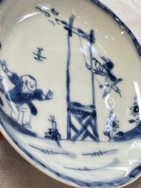 23 Chinese blue and white saucers with figural design, Yongzheng/Kangxi