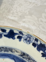 Seven Chinese blue and white plates with figural and floral design, 18/19th C.