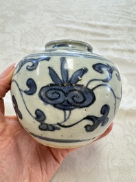 A Chinese Nanking water pot, a blue and white brush pot, a jarlet and a trick cup, Ming and later
