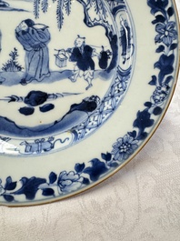 Seven Chinese blue and white plates with figural and floral design, 18/19th C.