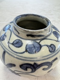 A Chinese Nanking water pot, a blue and white brush pot, a jarlet and a trick cup, Ming and later