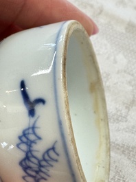 A Chinese blue and white 'Elegant Beauties' tea caddy and cover, artemisia leaf mark, Kangxi