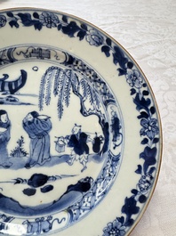 Seven Chinese blue and white plates with figural and floral design, 18/19th C.
